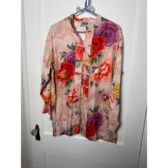 Vintage Chico's Silk Vibrant Floral Mandarin Collar Floral Blouse Kimono SZ 1 M - Picture 2 of 5